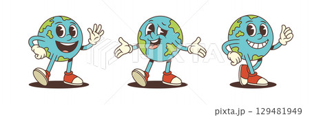 Cheerful Animated Globe Mascot With Red Sneakers Expressive Poses Friendly Playful Global Awareness Vector Illustration 129481949