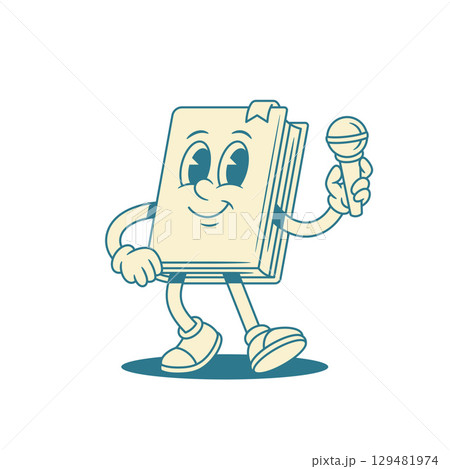 Cute smiling childish book cartoon character with microphone vector illustration 129481974