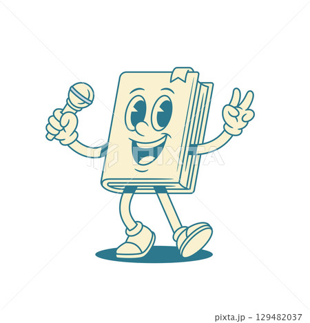 Smiling childish book cartoon character with microphone vector illustration Smiling childish book cartoon character with microphone vector illustration 129482037