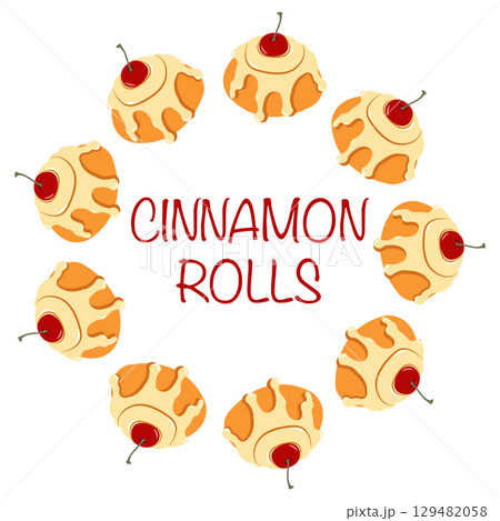 Autumn themed cinnamon rolls with cherries frame with text in flat style. Hand drawn vector illustration for banners, posters and social media graphics Autumn themed cinnamon rolls with cherries frame with text in flat style. Hand drawn vector illustration for banners, posters and social media graphics 129482058