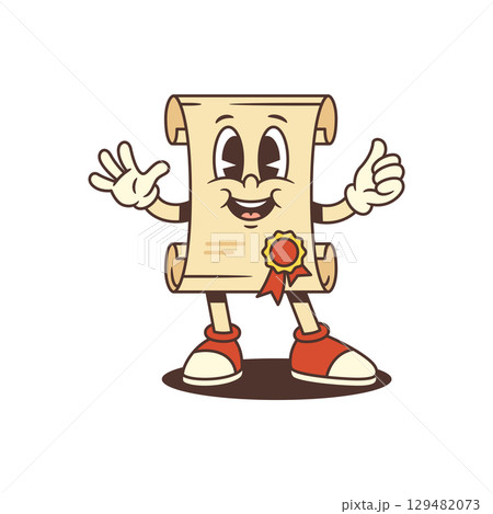 Cheerful Scroll Mascot Giving Thumbs Up with Ribbon Seal and Red Sneakers Vector Illustration 129482073