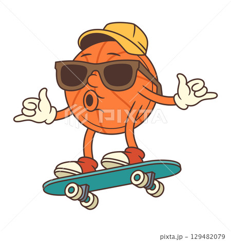 Basketball Mascot Wearing Sunglasses and Cap Riding Skateboard in Retro Cartoon Style Vector Illustration 129482079