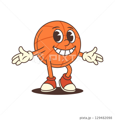 Welcoming Retro Basketball Mascot with Palm Up Gesture Vector Illustration Welcoming Retro Basketball Mascot with Palm Up Gesture Vector Illustration 129482098