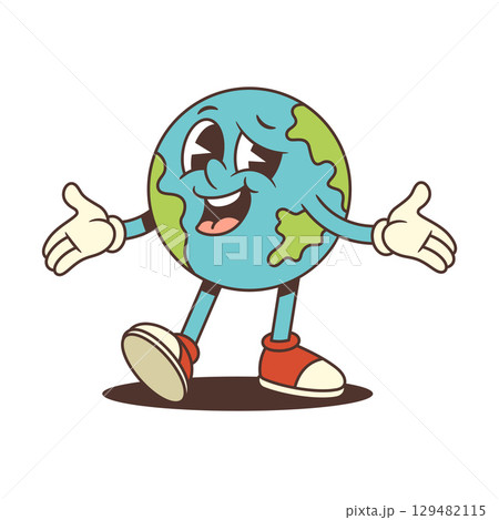 Cheerful Earth Mascot With Open Hand Smile And Confident Pose Colorful Cartoon Planet Vector Illustration 129482115