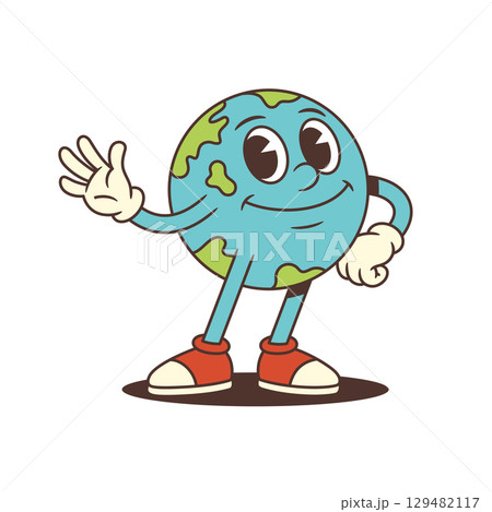 Cheerful Earth Mascot Waving With Smile And Confident Pose Colorful Cartoon Planet Vector Illustration Cheerful Earth Mascot Waving With Smile And Confident Pose Colorful Cartoon Planet Vector Illustration 129482117