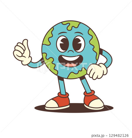 Cheerful Playful Cartoon Earth Mascot Giving Thumbs Up With Red Sneakers Vector Illustration 129482126