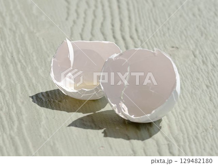 Cracked Eggshells with Yolk on Table 129482180