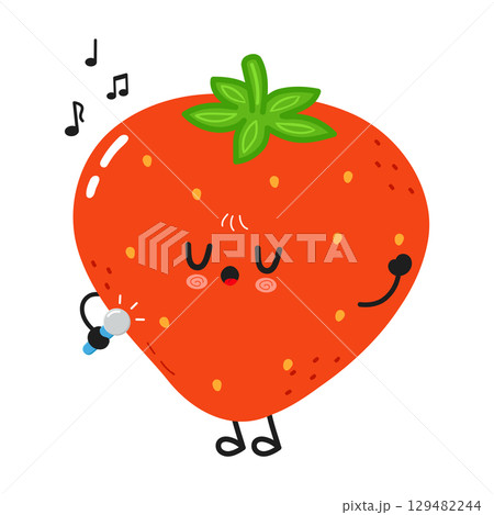 A happy cartoon strawberry singing with a microphone and musical notes. A happy cartoon strawberry singing with a microphone and musical notes. 129482244