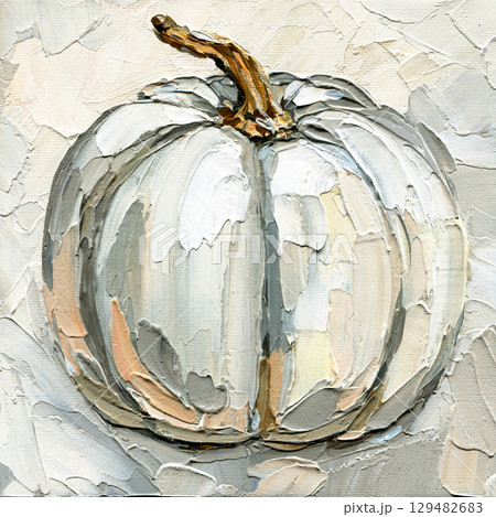 White pumpkin autumn harvest impasto oil painting on textured canvas. Seasonal harvest design for greeting or poster 129482683