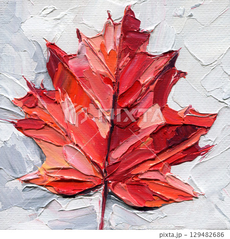 Red maple leaf autumn impasto oil painting on textured canvas, Seasonal fall design for greeting card, print, poster 129482686