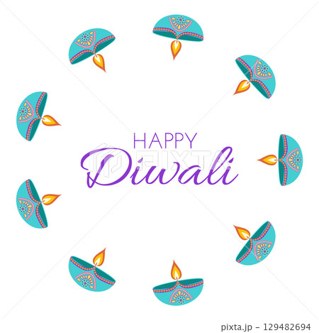 Diwali festival vector frame with diyas and text in flat style. Deepavali vector illustration for creative design needs 129482694