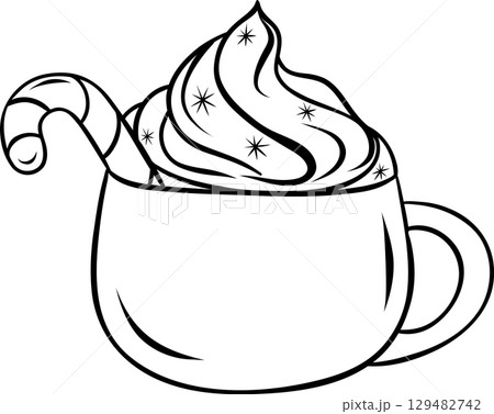 Christmas hot cocoa with whipped cream, decorated with a striped cane lollipop, Christmas drinks, simple vector black and white icon, doodle and sketch style Christmas hot cocoa with whipped cream, decorated with a striped cane lollipop, Christmas drinks, simple vector black and white icon, doodle and sketch style 129482742