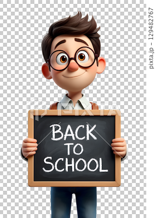 3d cartoon schoolboy holding 'back to school' sign, cheerful kid in uniform isolated on transparent background 129482767