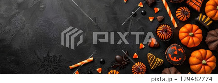 Festive Halloween cookie collection - decorated sugar cookies and children's treats in flat lay composition. Dark horizontal banner with pumpkins and text space for party details 129482774