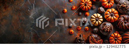 Playful Halloween sugar cookies and children's party treats arranged in flat lay on dark surface. Horizontal banner design with festive pumpkins and free space for text 129482775