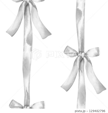 Vertical seamless pattern with silver ribbons and bows, hand-drawn on a white background. Watercolor illustration. Seamless background for fabrics, textiles, wallpaper, packaging, stickers, postcards, 129482796