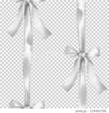 Vertical seamless pattern with silver ribbons and bows, hand-drawn on a white background. Watercolor illustration. Seamless background for fabrics, textiles, wallpaper, packaging, stickers, postcards, 129482796