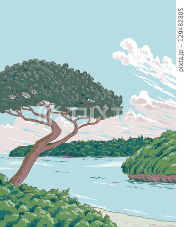 Kabira Bay in Iriomote-Ishigaki National Park Ukiyo-e Retro Woodblock WPA 129482805