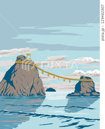 Meoto Iwa Rocks in Ise-Shima National Park Japan Ukiyo-e Retro WPA 129482807