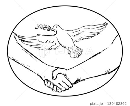 Handshake and Dove With Olive Branch Drawing Handshake and Dove With Olive Branch Drawing 129482862