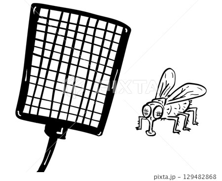 Fly Swatter and Housefly Swatted Cartoon Drawing 129482868
