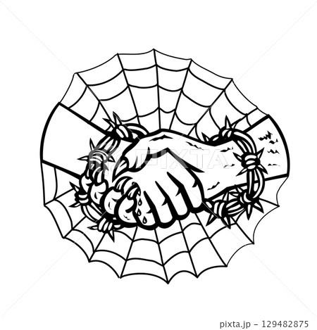 Man and Devil Handshake With Barbed Wire and Cobweb Retro Man and Devil Handshake With Barbed Wire and Cobweb Retro 129482875