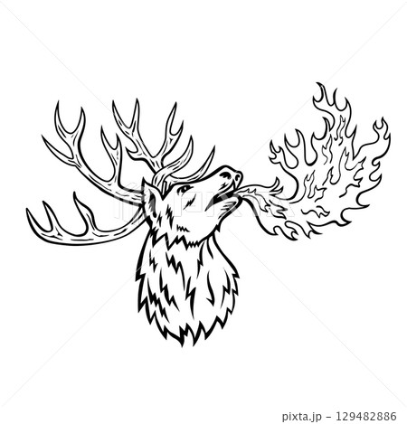 Red Deer or Cervus Elaphus Stag Breathing Fire Mascot Retro 129482886