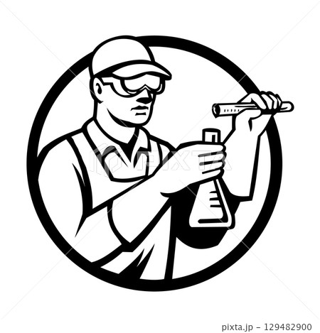 Chemist Scientist Researcher Pouring Chemical into Flask Retro Woodcut Chemist Scientist Researcher Pouring Chemical into Flask Retro Woodcut 129482900