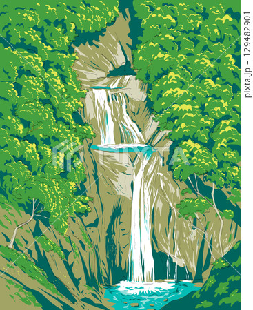 Nanatsugama Falls in Chichibu-Tama-Kai National Park Japan Ukiyo-e Woodblock 129482901