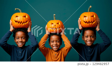 Three joyful black kids holding carved jack-o'-lanterns on their heads, celebrating Halloween together on a dark background 129482957
