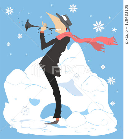 Winter. Snow. Man playing trumpet. Winter concert. Snowflakes. Smiling musician playing trumpet with inspiration	 129483108