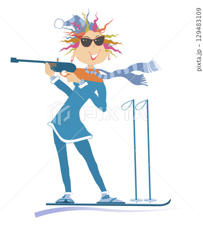 Biathlon competitor woman. Shooting in the stand position biathlon competitor woman. Isolated on white background Biathlon competitor woman. Shooting in the stand position biathlon competitor woman. Isolated on white background 129483109