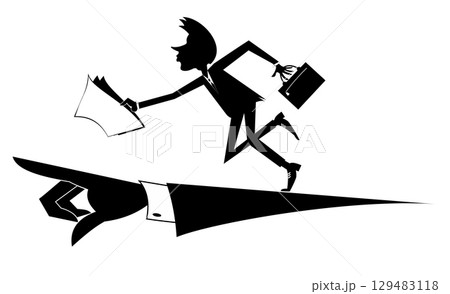 Running businessman and hand points the direction to go. Hand points the direction where to go to a business woman with bag and papers. Black and white 129483118