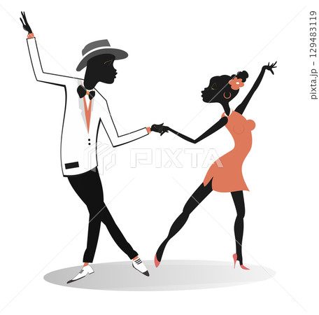 Romantic dancing young African couple. Funny dancing young African man and woman. Isolated on white background	 129483119