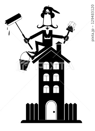 Cute painter holding a brush and a bucket of paint sitting on the roof. Black and white illustration	 129483120