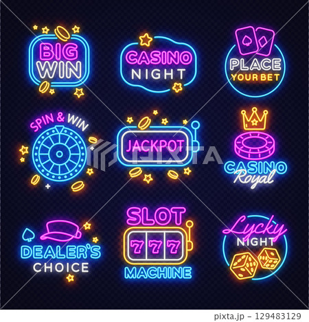 Big neon sign collection featuring slot machine, jackpot, casino royal, place your bet and more. Twelve colorful glowing designs for casino-related visuals. Big neon sign collection featuring slot machine, jackpot, casino royal, place your bet and more. Twelve colorful glowing designs for casino-related visuals. 129483129
