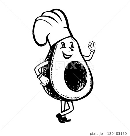 Organic Avocado Chef Mascot Retro Black and White 129483180