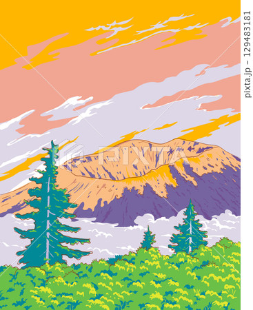 Mount Bandai in Bandai-Asahi National Park Japan Ukiyo-e Retro Woodblock 129483181