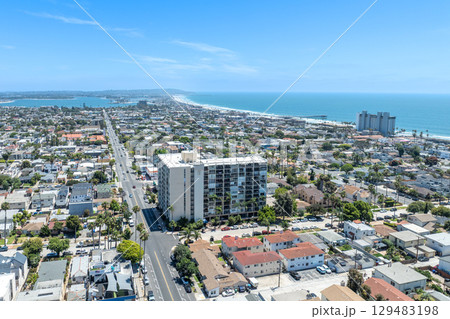Aerial view of Pacific Beach and Ocean in San Diego, California Aerial view of Pacific Beach and Ocean in San Diego, California 129483198