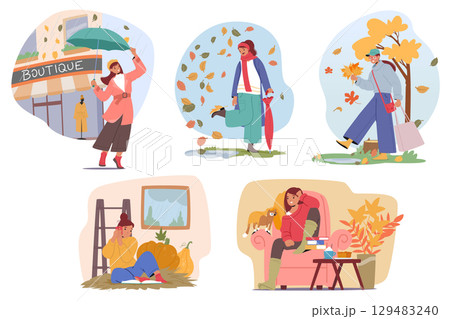 Pretty autumn girls cartoon characters walking outdoors and resting at cozy home isolated scene set 129483240