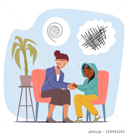 Crying girl child receiving support from psychologist at psychotherapy session cartoon scene 129483263