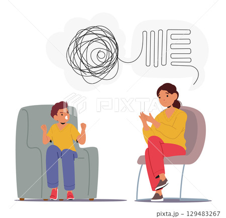 Psychologist calming down elementary age boy child having difficulties with emotion experiencing 129483267