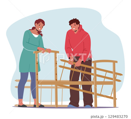 Happy family couple fixing baby bed assembling furniture for bedroom together cartoon scene 129483270
