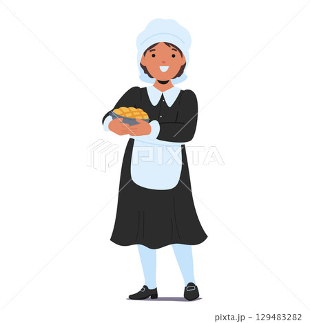 Happy smiling girl child cartoon character wearing traditional costume carrying thanksgiving pie 129483282
