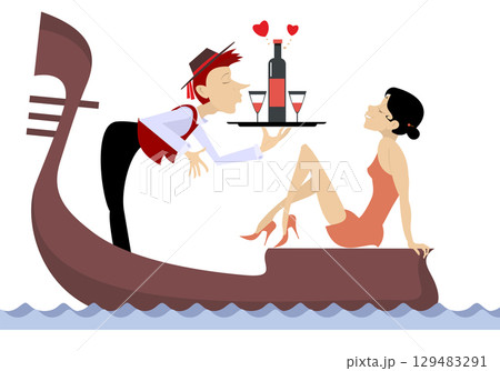 Man and woman ride on gondola. Gondola. Man holds a tray with a bottle and two glasses and offers young woman to drink. Heart symbol. Love 129483291