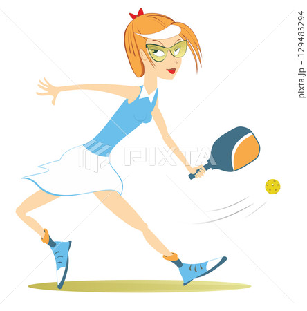 Smiling woman playing pickleball. Smiling girl in sunglasses with pickleball racket makes a shot. White background	 129483294