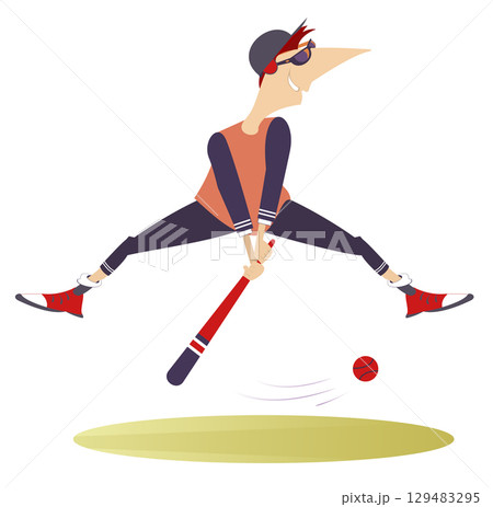 Cartoon baseball player. Cartoon baseball player. Baseball batter in game action	 129483295