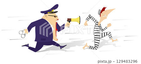 Angry police officer running after a prisoner. Male police officer with handcuffs in the hand shouts to megaphone and trying to catch up a prisoner 129483296
