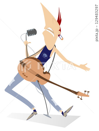 Cartoon singing guitar player. Funny guitarist plays electric guitar and sings to microphone. Isolated on white background	 129483297