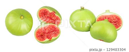 Ripe green fig fruit isolated on white background. Top view. Flat lay. Ripe green fig fruit isolated on white background. Top view. Flat lay. 129483304